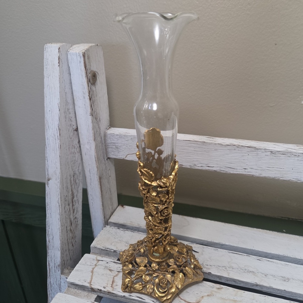 VINTAGE VANITY DRESSER MATSON GOLD TONE ORMOLU ROSE VASE WITH GLASS INSERT